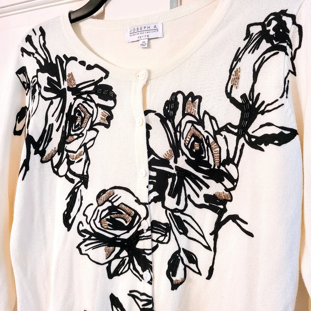 Joseph A. Creamy White Button-Up Sweater w/ Black Floral & Gold Beaded Design - Picture 6 of 7